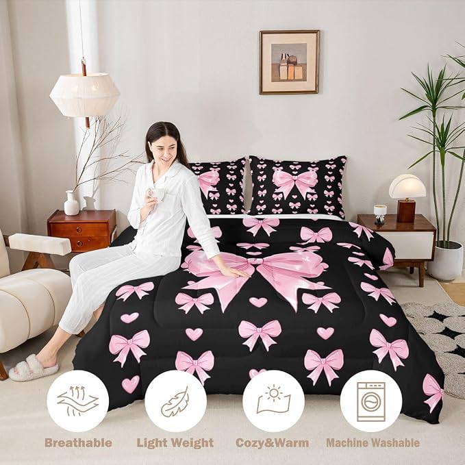 Feelyou Cute Black Pink Bowknot Kids Comforter Set Full Size Love Hearts Bow Bedding Set Girly Bow Tie Duvet Quilt for Kids Boys Girls Bedroom Decor Microfiber Ultra Soft Breathable