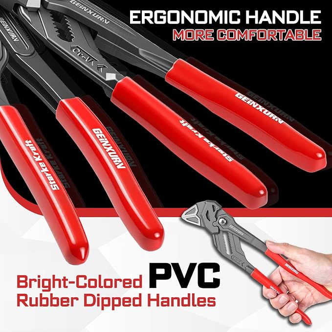 GEINXURN 7/10/12-Inch Pliers Wrench, 1PC Smooth V-Jaw Pliers with 24-Position Push-Lock, Fast Adjustable Slip Joint Pliers Set for Plumbing, Home Repair, and Pipe Fittings