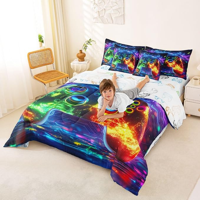 Erosebridal 3D Modern Gamer Comforter Set 7 Piece Bed in a Bag Twin | Gamer Controller Bedding Sets Geometric Neon Gaming Comforter and Sheet Set, Video Game Consoles Bed Sets,Boys Room Decor