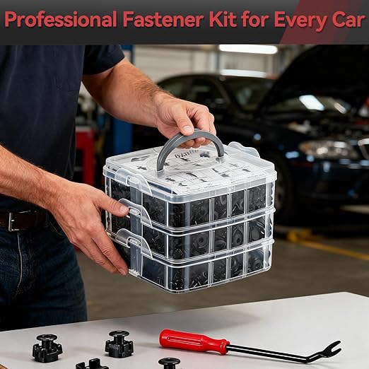 620PCS Auto Retainer Clips Kit with Trim Removal Tools and 3-Layer Organizer Box, 16 Sizes Black Push Type Rivets Fasteners for Car Bumper, Fender, Door Panel and Interior Repair