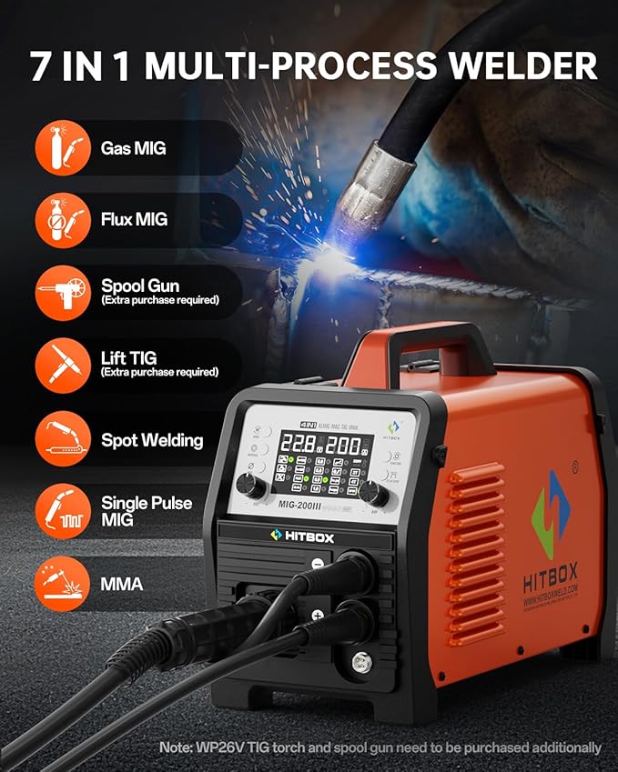 HITBOX Aluminum MIG Welder Welding Machine, 200A 110V 220V Gas & Gasless MIG Welder Machine, 7 in 1 Multi Process Welding Machine with MIG/Stick/Lift TIG/Spot/Spool Gun