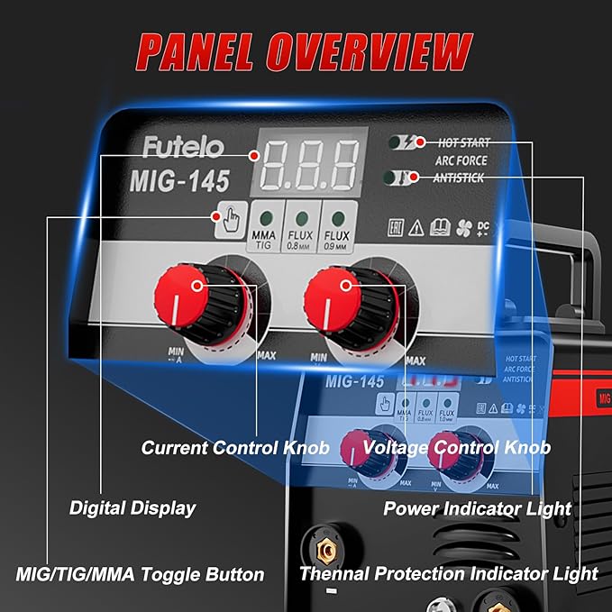 145A MIG Welder, 3 in 1 Flux Core/Lift TIG/Stick Welding Machine 110V IGBT Inverter Gasless Welder with Synergy Control for Metal Repair & DIY Projects