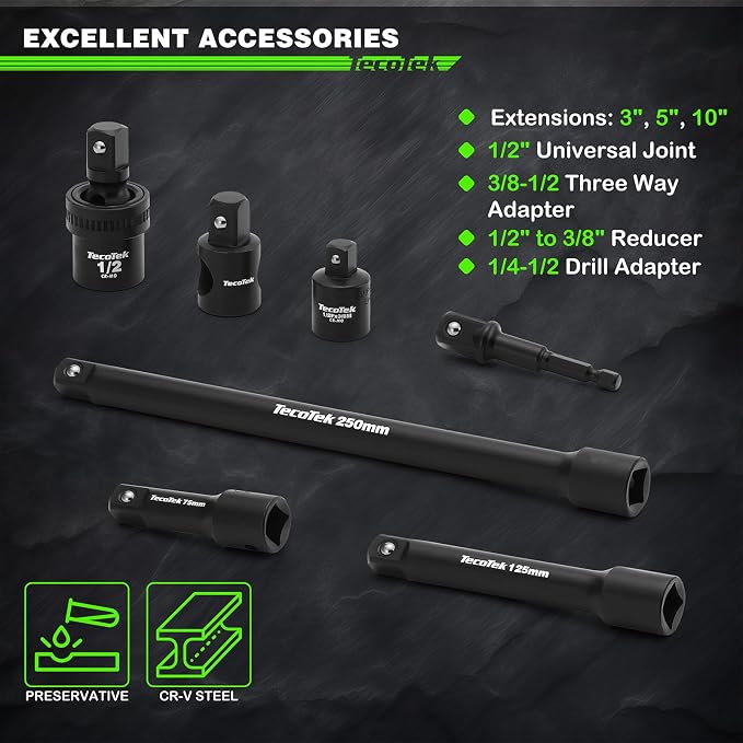 TecoTek 1/2" Drive Deep Impact Socket Set, 38-Piece Socket Set SAE 3/8 to 1-1/4 inch and Metric 10-32mm Size, Includes Extension Bars, Universal Joint, Adapter and Ratchet Handle, 6 Point, Cr-V Steel