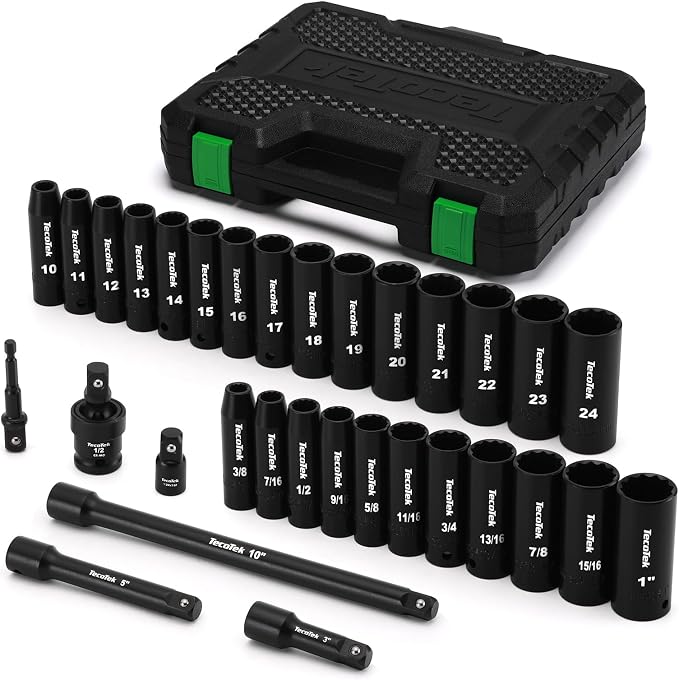 TecoTek 1/2" Drive Deep 12-Point Impact Socket Set, 32-Piece Socket Set, SAE 3/8-1-Inch and Metric 10-24mm Size, Includes Extension Bars, Universal Joint and Adapter, CR-V Steel