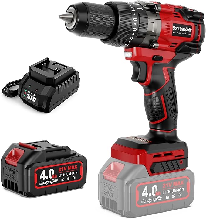 21V Cordless Hammer Drill - 1151In-lbs High Torque Brushless Drill Set w/ 1/2" Metal Chuck & 20+3 Clutch & 4.0Ah Battery & Case - Power Drills for Home Wood Metal Brick Lightweight-Concrete