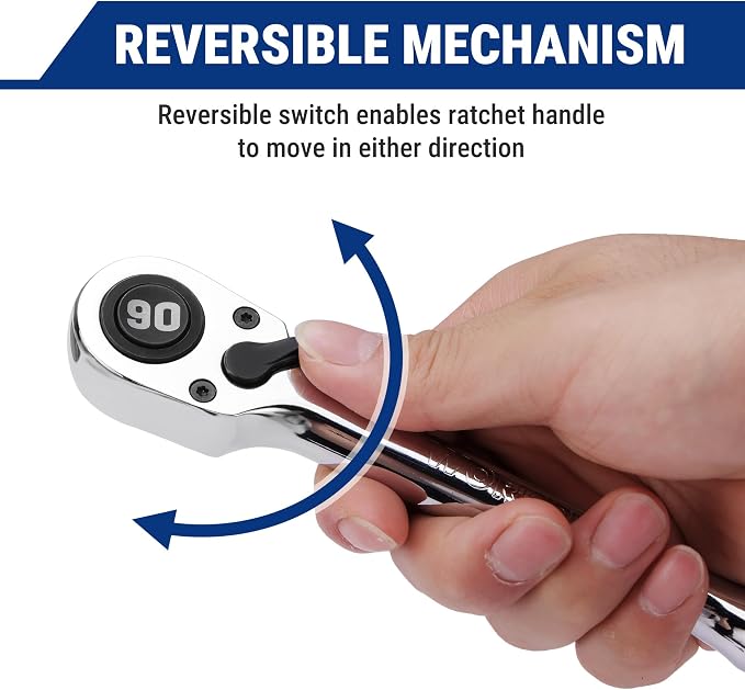 WORKPRO 3-Piece Low-Profile Ratchet, 90-Tooth Quick-Release Ratchet Wrench | 1/4", 3/8", 1/2" Socket Wrench for Men Women, Reversible, 4° Swing, CR-MO Compact Drive Head, Full Polished