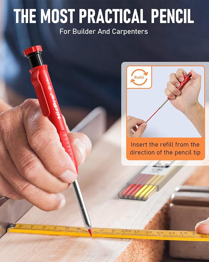 Nicpro 5 Pack Carpenter Pencil with Sharpener, Mechanical Carpenter Pencils with 41 Refills, Construction Pencil Heavy Duty Woodworking Pencils for Architect (Red, Black, Orange, Blue, Black)