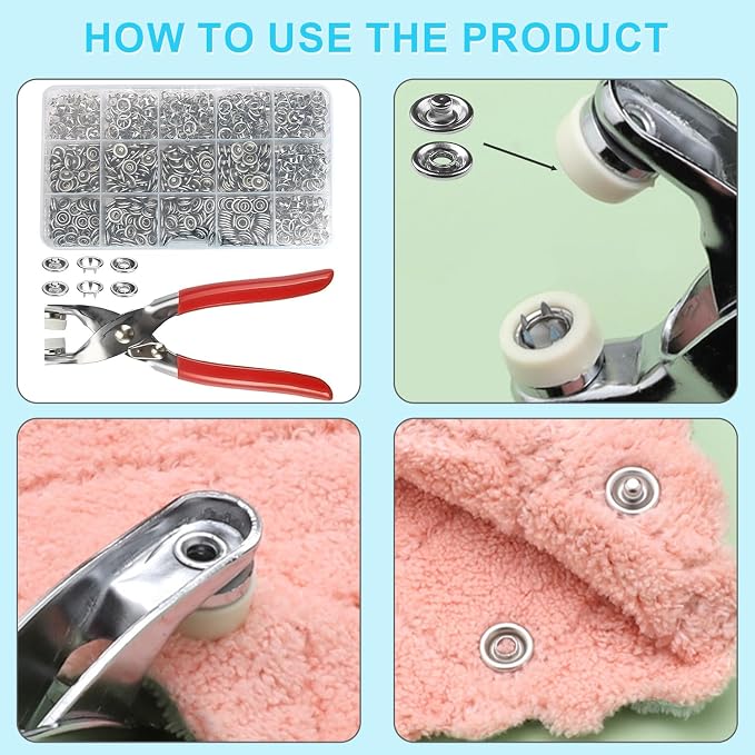 200 Sets Snaps for Fabric, Metal Snaps Buttons with Fastener Pliers Press Tool Kit for DIY Crafting, Clothing, Buttons for Clothes Sewing (9.5mm)