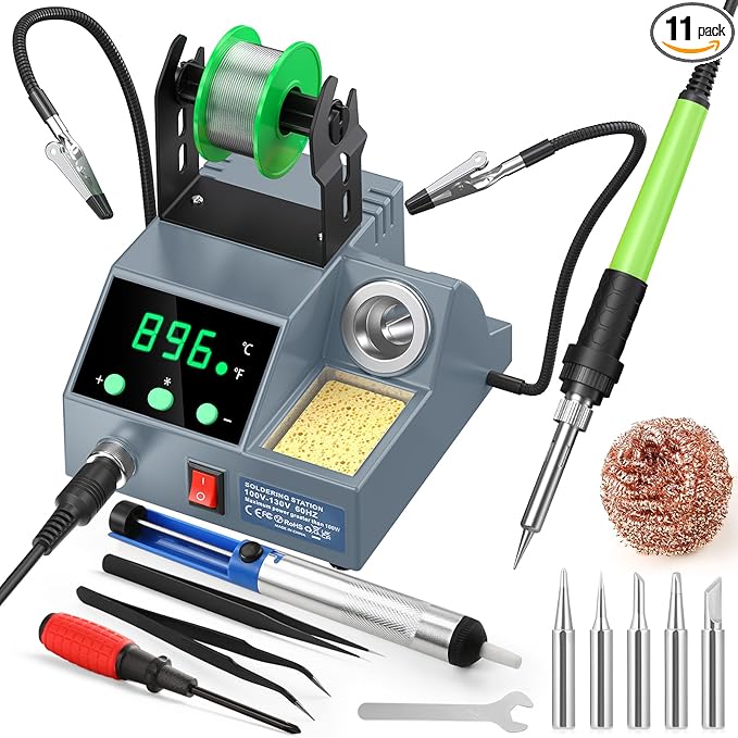 Soldering Station, 100W Digital Display Soldering Iron Station Kit with 2 Helping Hands, 356°F - 896°F, Auto Sleep, °C/°F Conversion, Solder Wire, Tips, Stand, Pump, Tweezers, Tip Cleaner, Gray