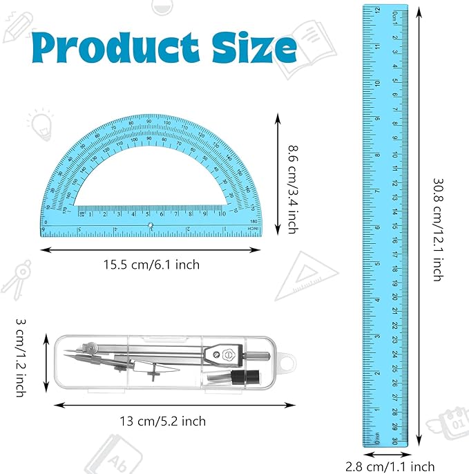 Zonon 3 Pcs Plastic Ruler 6 Inch Protractor Drawing Compass Set, Student Geometry Math Transparent Measuring Tools for Home School Classroom Office Supplies(12 Inch,Blue)