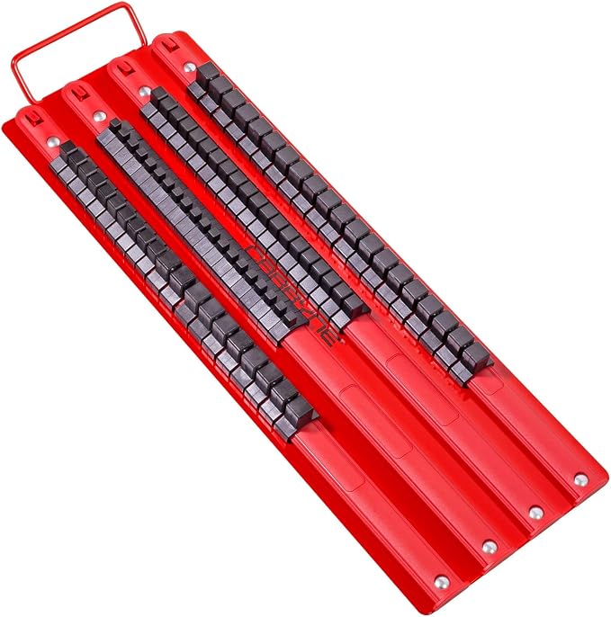 Carbyne 80 Piece Socket Organizer Tray | Fits 1/4-Inch, 3/8-Inch, 1/2-Inch Drive Sockets, Heavy Duty Socket Rail, Red Rails with Black Clips