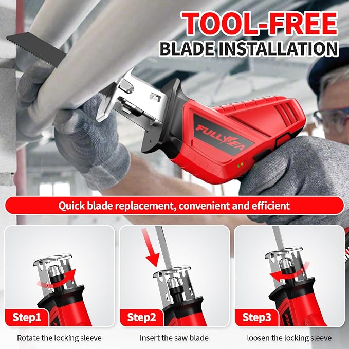 FULLYEA Reciprocating Saw Cordless, 0-3500SPM Power Reciprocating Saw with 4 Saw Blades, Tool-Free Blade Change, Variable Speed Electric Reciprocating Saws for Woods/Metal/Plastic Cutting