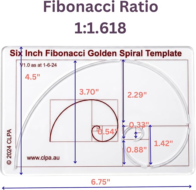 Fibonacci 6" Spiral Drawing Template, Golden Ratio Stencil