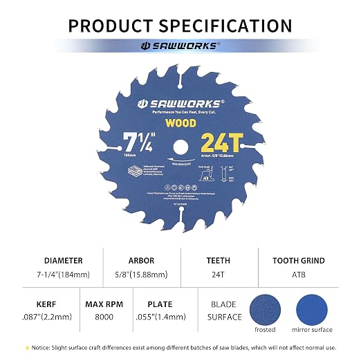 SawWorks 7-1/4" 24T Carbide Circular Saw Blade, Framing & Ripping for Construction Workers & DIY Framers, 5/8" Arbor