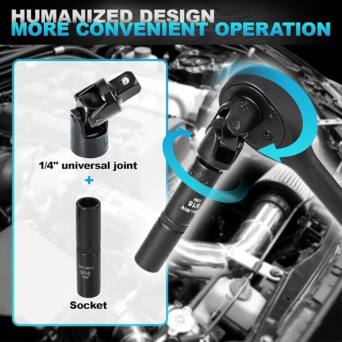 Socket Set 1/4, 56 Piece Impact Socket Set Metric and Standard Full | 6 Point, Cr-MO, 1/4-Inch Drive Ratchet Handle, Drive Extension Bar, Impact Universal Joint,impact adapter