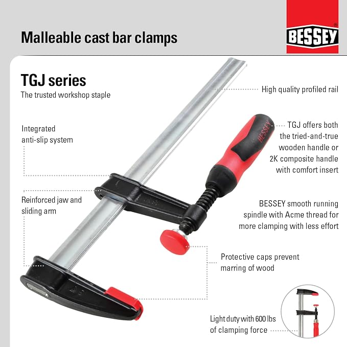 BESSEY Light Duty Tradesman's Bar Clamp - 2.5x24 In - TGJ2.524 - Woodworking Clamps with Wooden Handle, Ideal for Home Improvement & Workbench Projects, carpentry and Cabinetry