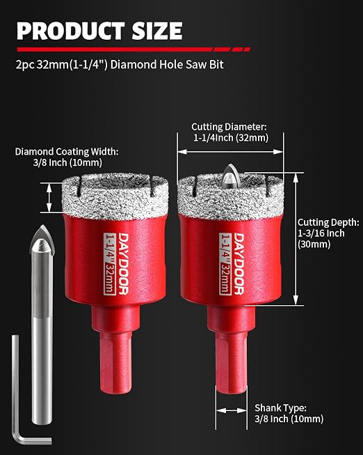 DAYDOOR 1-1/4" Diamond Hole Saw Bits with Pilot Drill Bit-2pcs 32mm Diamond Tile Hole Saw with Guiding Bit for Porcelain Tile Ceramic Pottery Granite Stone Glass Bottles(3/8" Triangle Shank)