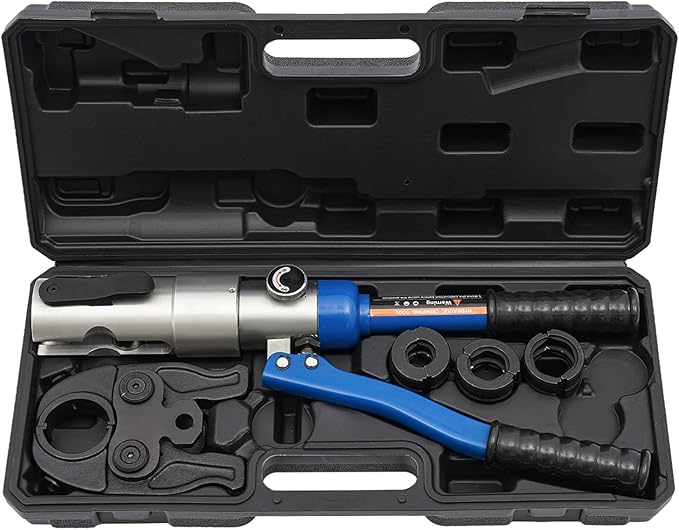 Pipe Crimper Copper Pipe Press Crimping Tool Kit 360° Rotatable Crimp Head Hydraulic Copper Tube Crimping Tool for Copper Tees Elbows Straight Pipes with 3 Molds (1/2", 3/4", 1") (Blue)