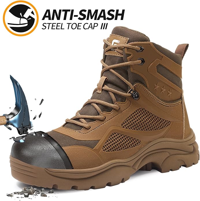 Steel Toe Boots for Men Work Boots for Men Breathable High Top Work Shoes Lightweight Indestructible Safety Shoes Industry Construction Safety Footwear