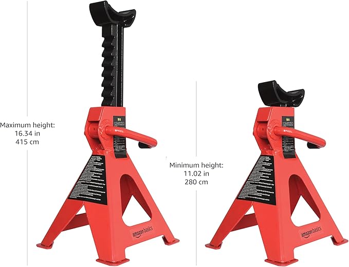 Amazon Basics Steel Jack Auto Stands, 3 Ton (2.7 metric Ton) Capacity, Easy to Use, Adjustable Height, 6,000 lb, 1 Pair, Black and Red