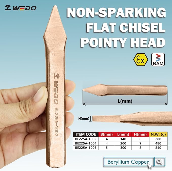 WEDO Non-sparking Cross Cutting Chisel, Spark-free Safety Cross-Cut Chisel, Beryllium Copper, DIN Standard, BAM & FM Certificate, 4x6x140mm