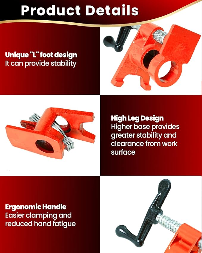 Pipe Clamps 3/4 inch 6 Pack Pipe Clamp with Unique Foot Ideal for Carpentry, Home Improvement, and DIY Projects Wood Gluing Clamps (Orange, 3/4 IN)
