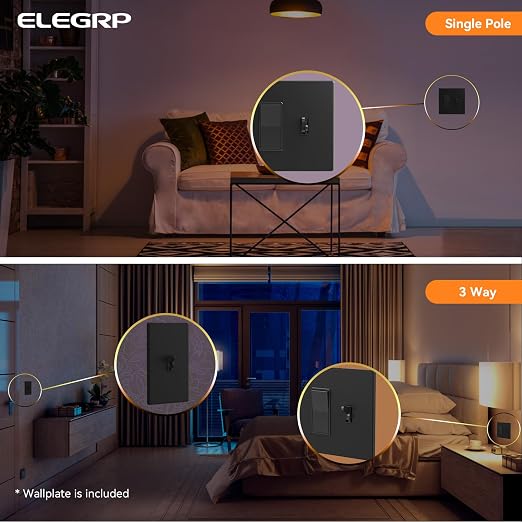 ELEGRP Digital Dimmer Switch for LED/CFL, Toggle Dimmer Switch with Decorative Frameless Design Wallplate, Single Pole/3-Way, UL Listed, 2 Pack, Black