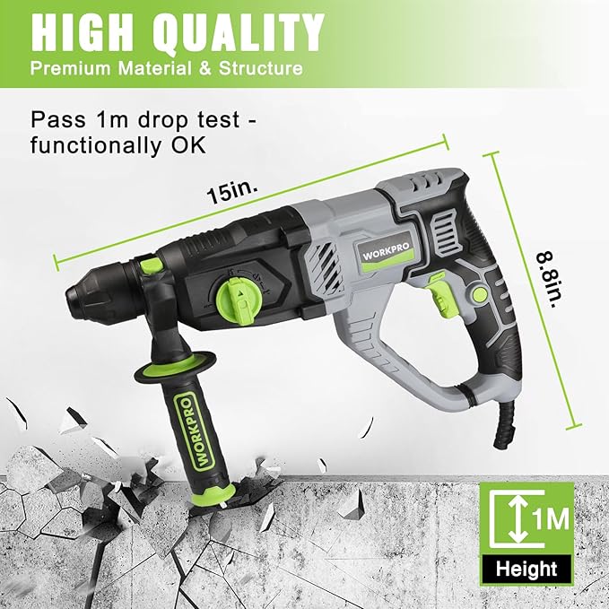 WORKPRO 1-1/4 Inch SDS-Plus Rotary Hammer Drill, 7.5AMP, Lightweight Corded Version for Concrete Demolition Chipping Rotomartillo, 5 SDS-Plus Bits