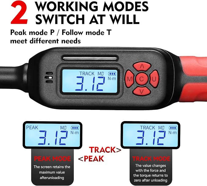 3/8" Drive Digital Torque Wrench, Digital Adjustable Torque Wrench 3PC Set, Interchangeable Head (Flex/Static/Ratcheting), 3-135N.m Wide Range, ±2%, LCD for Automotive Repair, Motorcycle, DIY