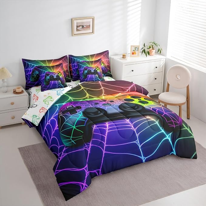 Erosebridal Game Consoles Bed in a Bag King Size Comforter Set 7 Pieces,Rainbow Spider Web Gamepad Bedding Set,Gamer Comforter and Sheet Set Gothic Cobweb Bed Set,Gaming Decor for Boys Bedroom Decor