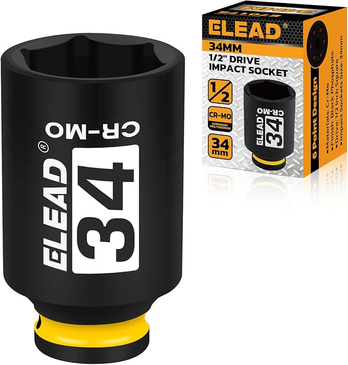 ELEAD 34 mm Socket 1/2" Drive Deep Impact Socket, Metric 6 Point 1/2-inch Drive Impact Axle Nut Sockets, CR-MO Nut Socket Set, Tools for Easy Removal of Axle Shaft Nuts