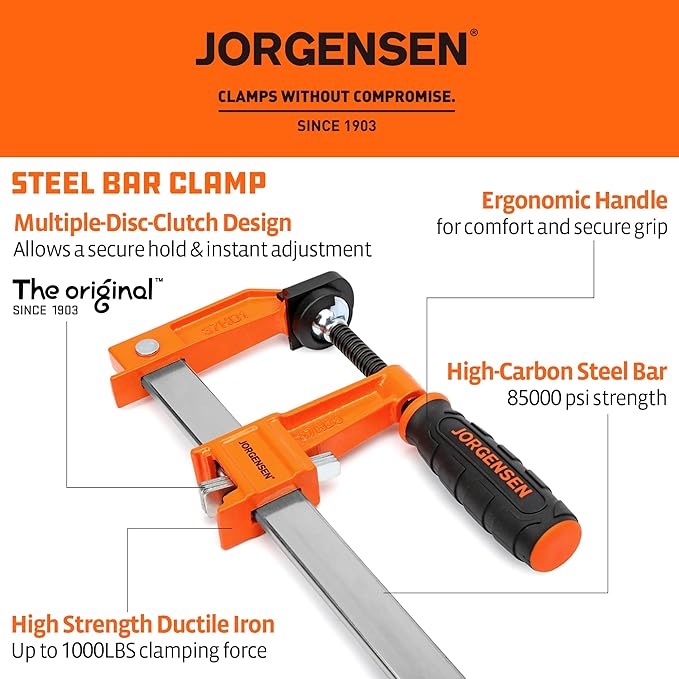 Jorgensen 12-Inch Bar Clamp Set, Heavy Duty Steel Bar Clamps for Woodworking, Wood Clamps with 1000 lbs Load Limit, 2-Pack