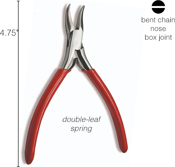 The Beadsmith Platinum Series German Bent Chain Nose Pliers, 4.75 inches (120mm) with polished steel head, red PVC comfort grip handle and double-leaf spring, tool for jewelry making