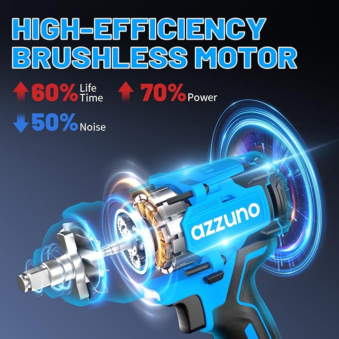 AZZUNO 1/2" Impact Wrench, 900N.m (665 Ft-lbs) Brushless Cordless Impact Driver, High Torque Electric Wrench With 2x 4.0Ah Battery, Charger & 4 CR-V Sockets, Led Light for Home Car Truck Tires