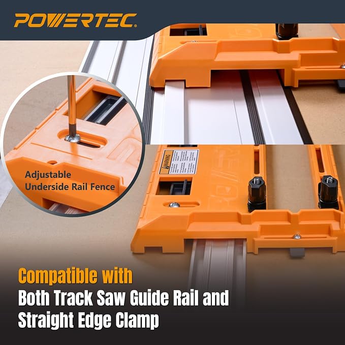 POWERTEC Universal Circular Saw Track Plate Compatible with Most Track Saw Guide Rails and Straight Edge Clamps, Tool-Free Mounting System, Adjustable Fence for Fast and Accurate Cuts (71993)