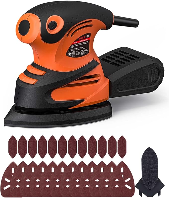 DWT Detail Sander, 1.5A 15000 OPM Electric Sander with 24pcs Sandpapers, Efficient Dust Collection System & Detail Finger Attachment, Soft Grip Handle, Compact Hand Sander for Woodworking