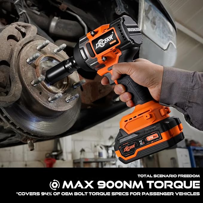DECERK 900Nm High-Torque Impact Wrench - Covers 94% of OEM Torque Specs for Trucks, SUVs & Farm Equipment [4000mAh Dual Batteries] [1/2 Inch Driver] [21V MAX] Brushless, Cordless, Electric, Power,Gun