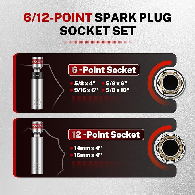BILITOOLS 7pcs Magnetic Swivel Spark Plug Socket Set & Gap Tool, 3/8" Drive | 9/16,5/8,14,16mm Magnetic Swivel Sockets in 6 & 12-Point, Plus Gap Tool & Case — CR-V Steel, Rust-Resistant