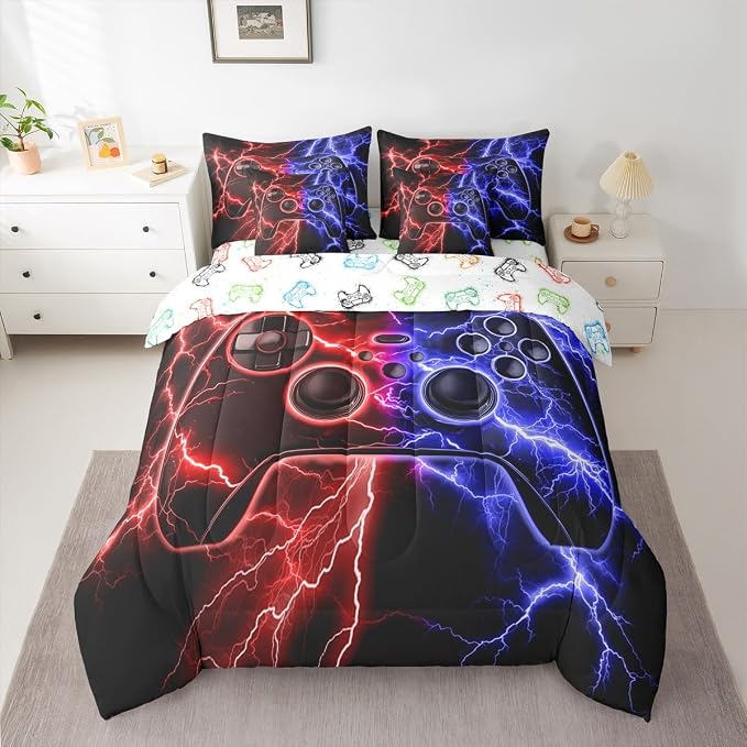 Erosebridal Gaming 7-Piece Comforter Set Full Bed in a Bag, Gamer Bedding Sets Video Game Consoles Comforter and Sheet Set, Red Blue Lightning Room Decor,Gaming Decor for Boys Bedroom