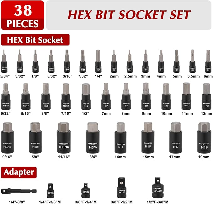 EMENTOL 38PCS 1/4" 3/8" 1/2" Drive Allen Hex Bit Socket Set, SAE/Metric, Includes Power Drill Adapter, Socket Adapters, 2mm - 19mm, 5/64" - 3/4"