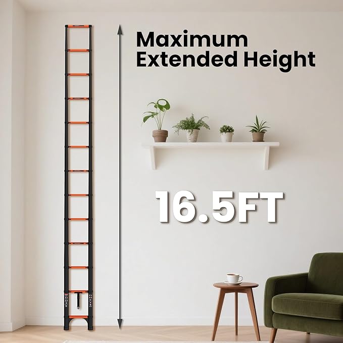 SINMEIRUN Telescoping Ladder, 16.5 FT, Aluminum Extension Ladder, 330 lbs Capacity, Collapsible Multi-Purpose Ladder for Home, Roof and RV; Orange