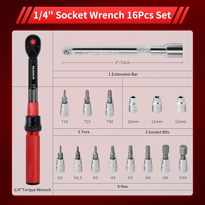 Hairich 1/4-Inch Torque Wrench Bike,2.3-24.9 N.M/20-220IN.LB, Drive Click Torque Wrench Set,16PCS 72-tooth Torque Wrenches Set with Extension Bar & Socket Sets for Bicycle
