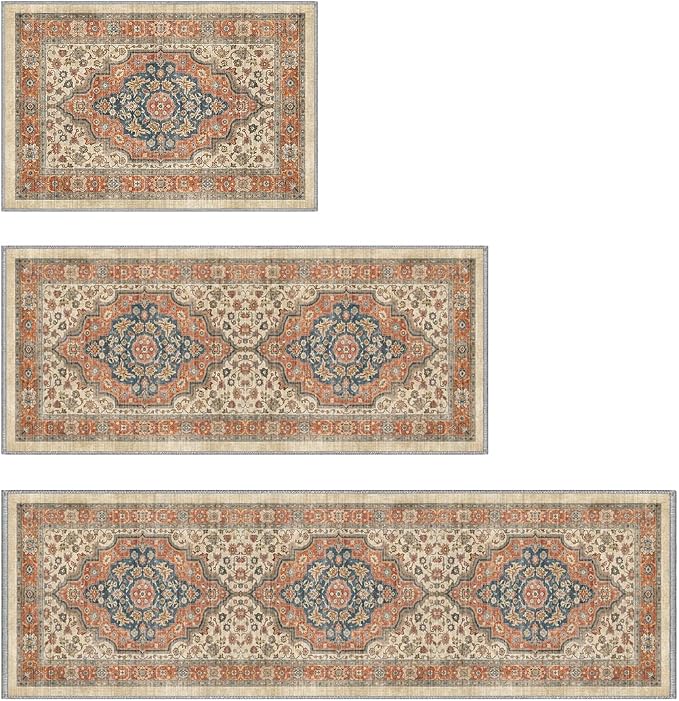 Color&Geometry Vintage Kitchen Rugs Sets of 3, Machine Washable 4mm Ultra Thin Stain Resistant Kitchen Floor Mats, Non Slip TPE Backing Runner for Sink,Hallway,Laundry,Entryway (2x3+2x5+2x7)