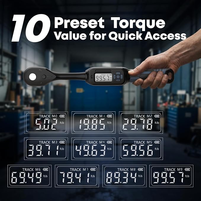 3/8 Torque Wrench Digital (5.02-99.6 Ft.Lb) ±2% High accuracy Digital Inch Pound Torque Wrench 3/8 Drive with Buzzer and Colorful LED Indicator/Track Mode for Moto Auto Car