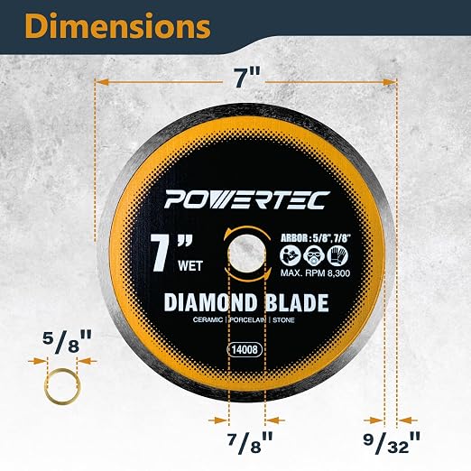 POWERTEC 7" Continuous Rim Diamond Saw Blade for Wet Tile Saw, Diamond Blade for Cutting Ceramic, Porcelain, Natural Stone Tile, Wet Cutting Only 7 inch Diamond Blades, 1 Pack (14008)
