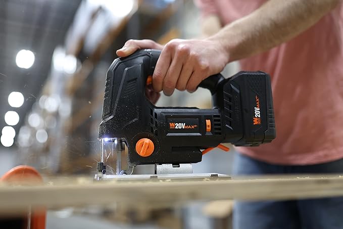 WEN Cordless Jigsaw, Brushless with Auto-Speed, 20V Max 4.0Ah Lithium Ion Battery, and Charger (20670)
