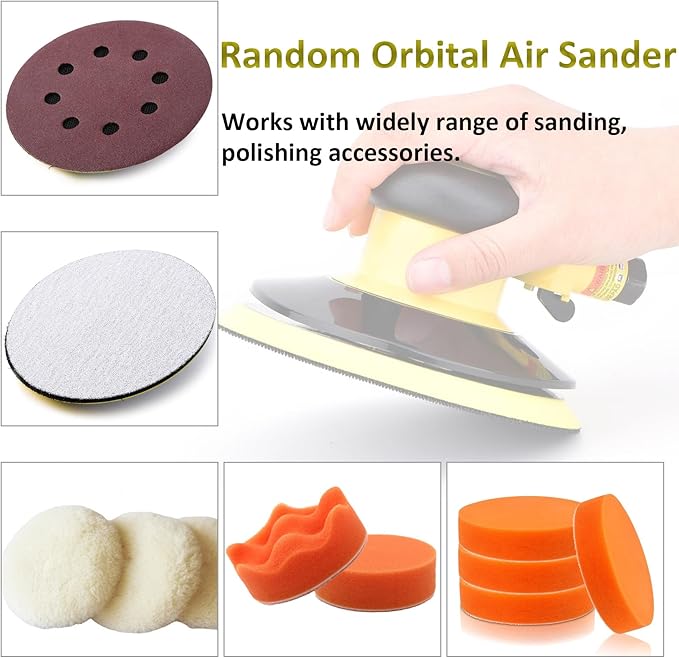 Professional Air Random Orbital Palm Sander, Dual Action Pneumatic Sander, Low Vibration, Heavy Duty … (5-inch Yellow)