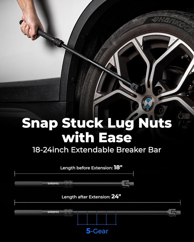 toolant 13-Piece 1/2" Torque Wrench Set, 25-250 ft-lb, ±3% | Includes 10 deep sockets, a 5" extension, and an 18"-24" telescopic breaker bar for tire work.