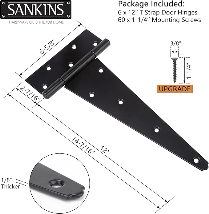 12 Inch T-Strap Shed Door Hinges Heavy Duty, Black Tee Hinge for Wooden Fences, Yard Door, Barn Door Gates, Wrought Hardware Rustproof, 6 PCS