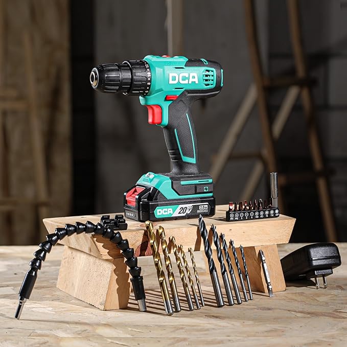 DCA Cordless Drill Set, 354 in-lbs Torque, 3/8" Keyless Chuck, Electric Power Drill with 2.0Ah Battery and Charger,18+1 Position,25-Piece 20V Drill Driver Kit, ADJZ2035